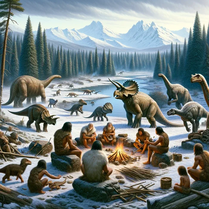 Des humains préhistoriques et des dinosaures se rassemblent autour d'un feu dans une plaine enneigée bordée de forêts conifères.