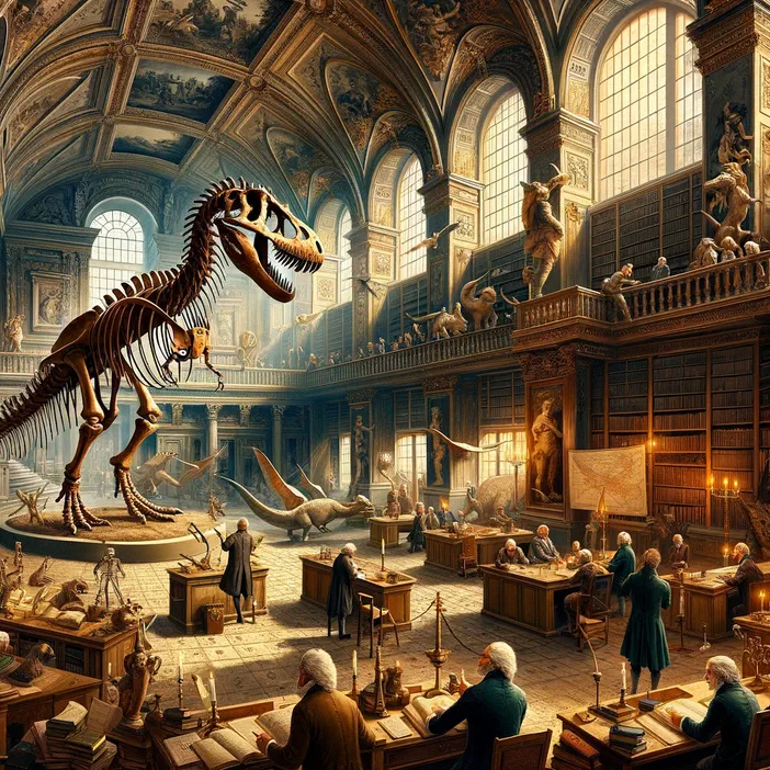Dans une grande bibliothèque ornée, des savants du XVIIIe siècle étudient autour de tables tandis qu'un squelette de T-Rex et d'autres dinosaures peuplent la salle.