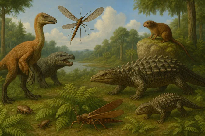 Peinture numérique représentant une scène préhistorique avec un dinosaure à plumes, des reptiles ressemblant à des crocodiles, un mammifère primitif sur un rocher et des insectes géants dans un paysage verdoyant.