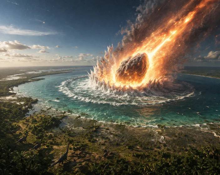 Un météore en feu frappe l'océan, créant une explosion massive au-dessus d'une côte verdoyante où des dinosaures observent la scène.