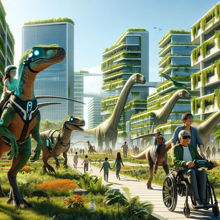 Des dinosaures cohabitent avec des humains dans une ville moderne aux bâtiments verts.