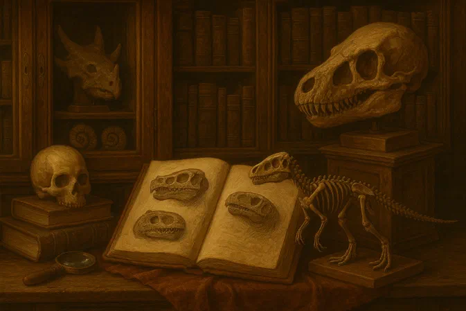 Cabinet des curiosités du Mésozoïque : un livre ouvert avec des illustrations de crânes de dinosaures, entouré d'un squelette articulé et d'autres fossiles dans une pièce aux tons chauds.