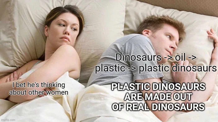 Un couple allongé dans un lit avec des textes humoristiques sur les dinosaures et le pétrole.