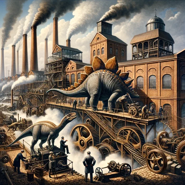 Une usine industrielle avec des cheminées fumantes où deux dinosaures sont intégrés dans la production sur une plateforme en bois.