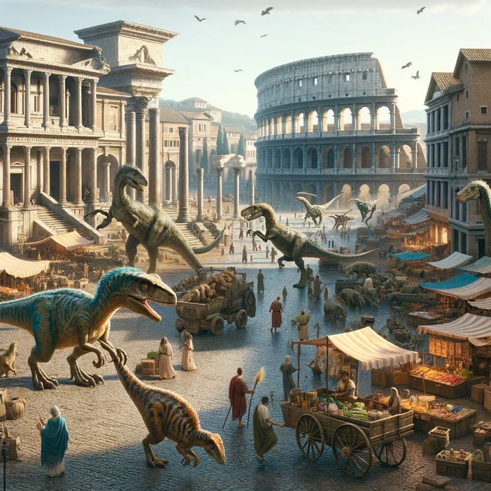 Des dinosaures marchent dans une place de Rome antique avec le Colisée en arrière-plan.