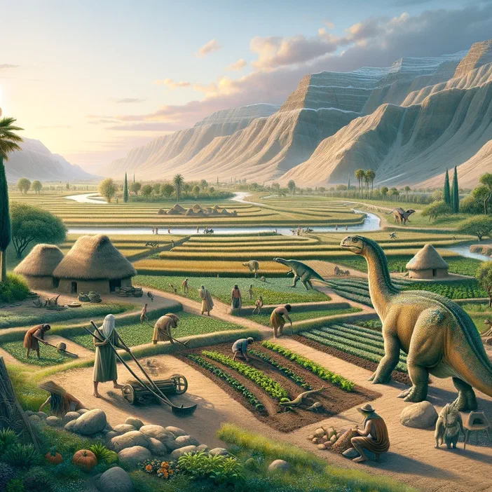 Des dinosaures évoluent dans un paysage agricole où des paysans cultivent la terre sous les montagnes.