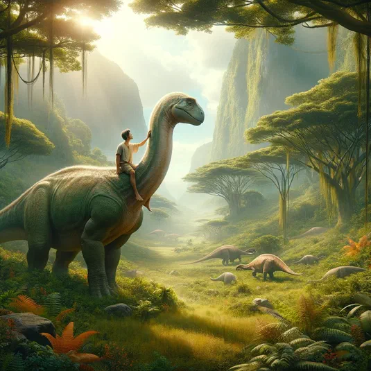 Illustration d'un homme chevauchant un grand dinosaure herbivore dans une jungle verdoyante avec des montagnes en arrière-plan.