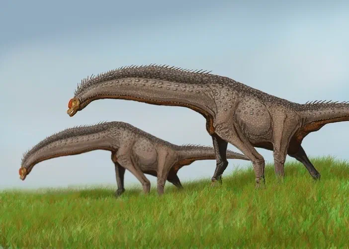 Deux dinosaures herbivores à long cou et corps massif se tiennent sur une colline herbeuse sous un ciel clair.
