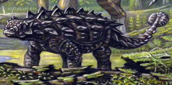 Illustration d'un dinosaure Zuul à carapace et épines dorsales dans un paysage préhistorique.