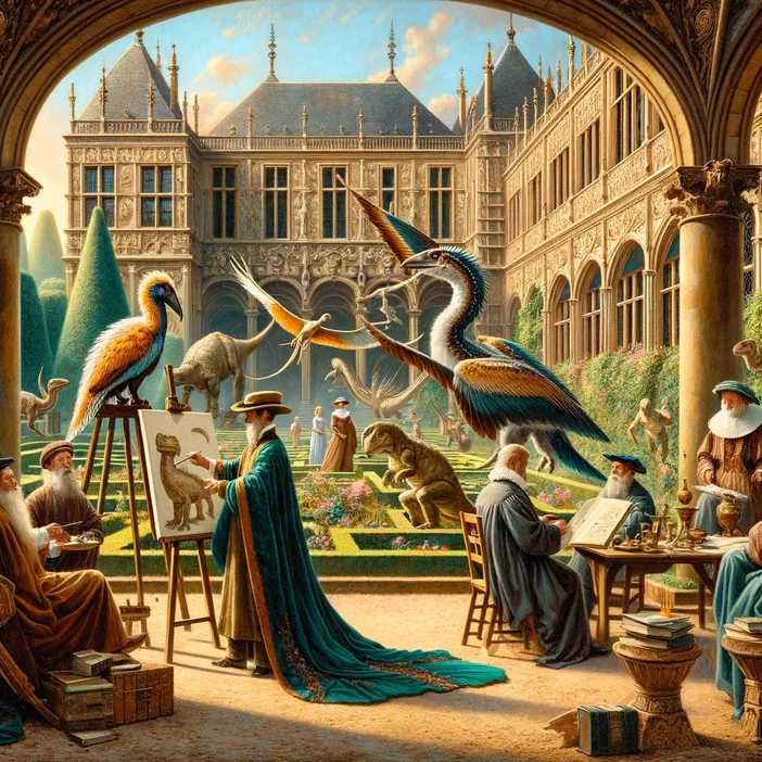 Des savants en robes médiévales étudient des dinosaures et oiseaux préhistoriques dans un grand hall orné d'arches.