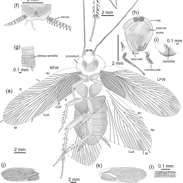 Dessins anatomiques détaillés d'un insecte préhistorique Perlucipecta aurea avec des étiquettes et échelles.