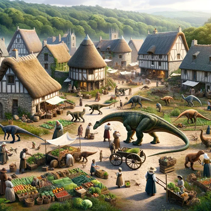 Un village médiéval animé où des dinosaures de différentes espèces cohabitent avec les habitants et le bétail dans un marché rempli de légumes frais.