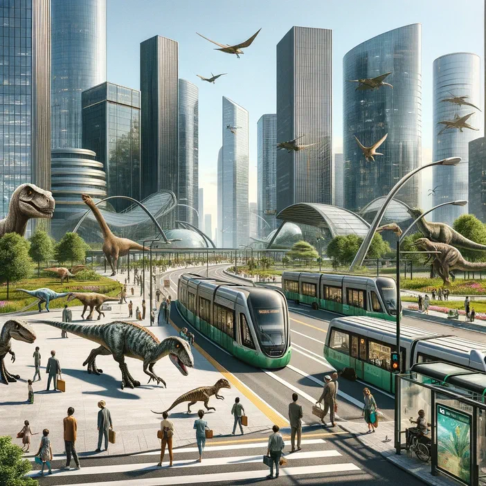 Une ville moderne avec des gratte-ciels où cohabitent dinosaures et transports en commun.
